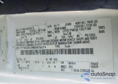 2011 Ford E-250 Commercial z USA, uszkodzony, nr VIN 1FTNE2EL5BDA78274